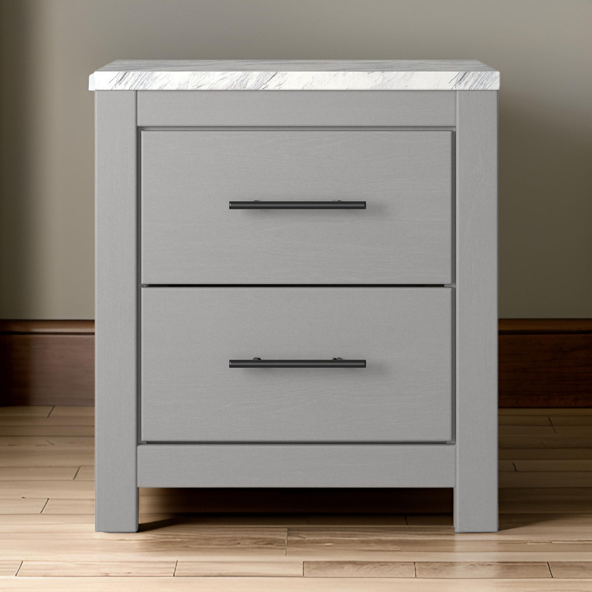 Finley 25 Inch Rustic Wood Nightstand, 2 Drawer, Marble Top, Gray, White - BM283310