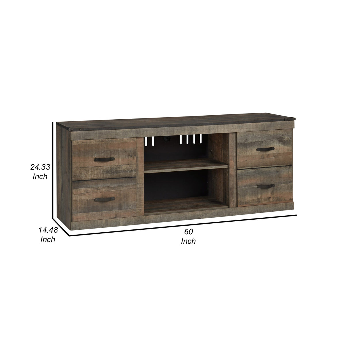 60 Inch Wood TV Media Entertainment Console, 3 Shelves, Metal Rivet, Brown  - BM283360