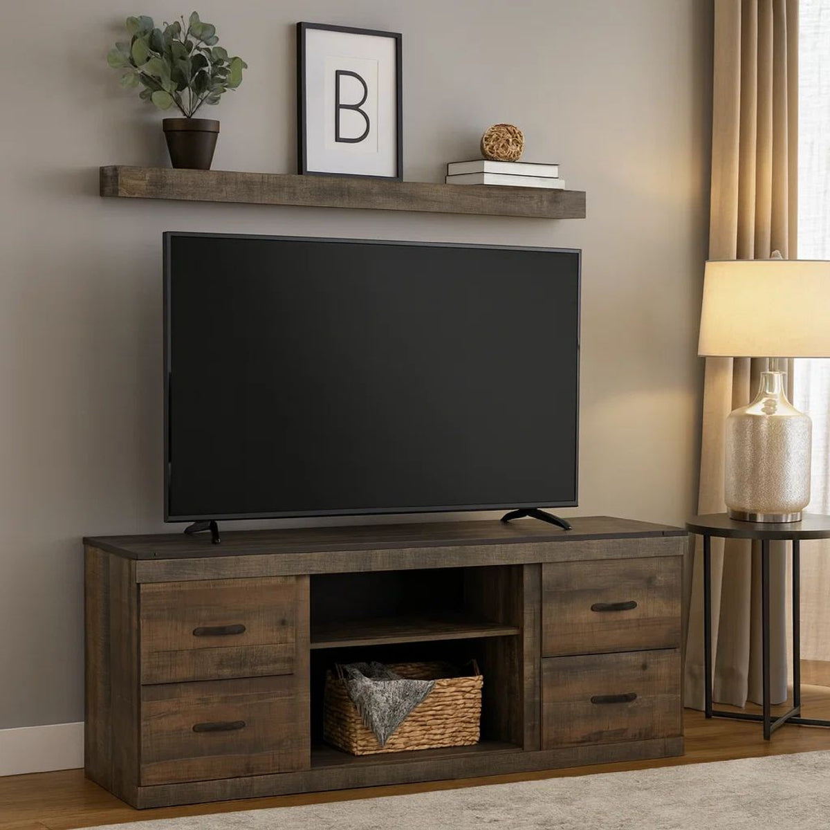 60 Inch Wood TV Media Entertainment Console, 3 Shelves, Metal Rivet, Brown  - BM283360