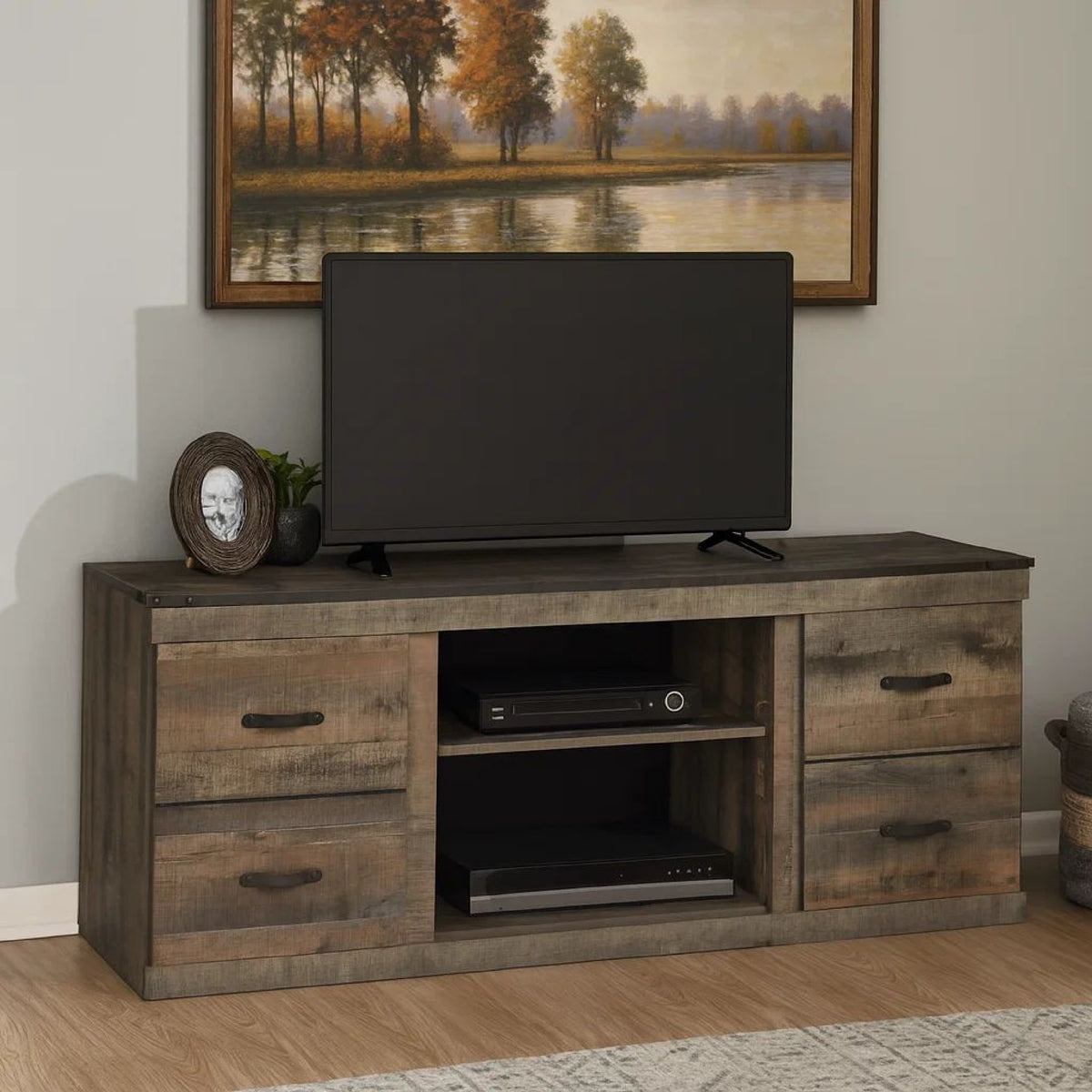 60 Inch Wood TV Media Entertainment Console, 3 Shelves, Metal Rivet, Brown  - BM283360