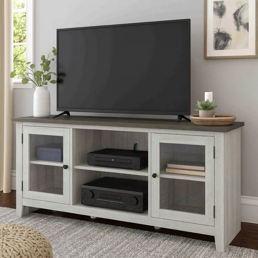 60 Inch TV Entertainment Console, 2 Glass Doors, Farmhouse, White, Gray - BM283377