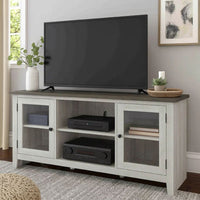 60 Inch TV Entertainment Console, 2 Glass Doors, Farmhouse, White, Gray - BM283377