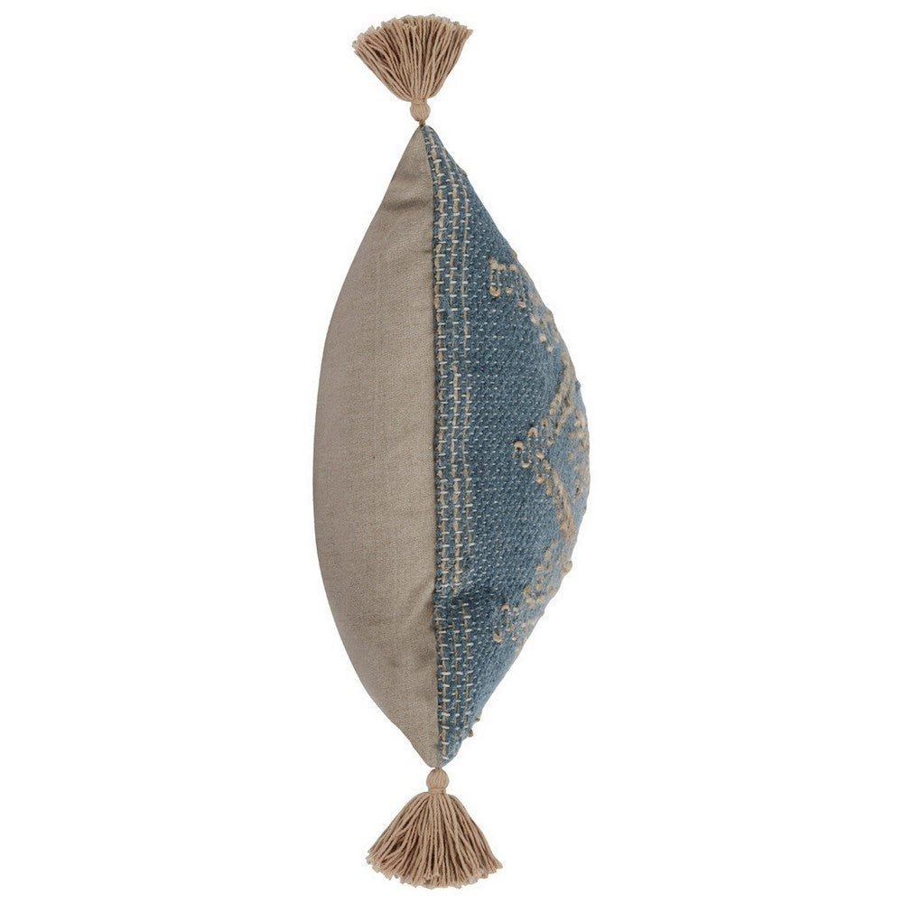 16 x 36 Accent Lumbar Pillow, Down, Blue Wool, Jute Woven Details, Tassels By Casagear Home