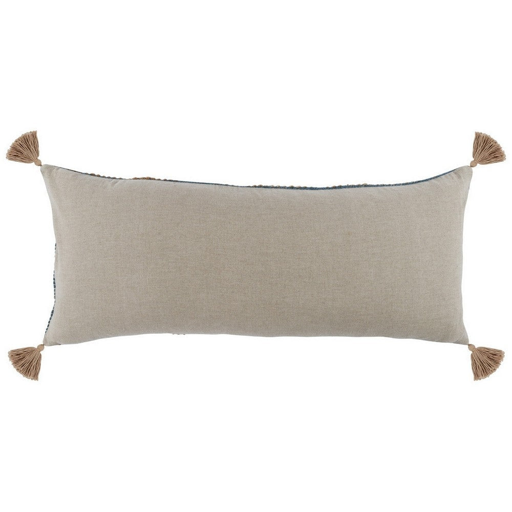 16 x 36 Accent Lumbar Pillow, Down, Blue Wool, Jute Woven Details, Tassels By Casagear Home