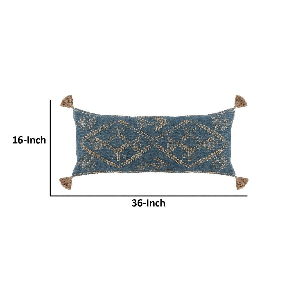 16 x 36 Accent Lumbar Pillow, Down, Blue Wool, Jute Woven Details, Tassels By Casagear Home