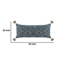 16 x 36 Accent Lumbar Pillow, Down, Blue Wool, Jute Woven Details, Tassels By Casagear Home