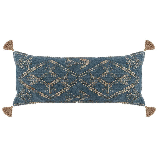 16 x 36 Accent Lumbar Pillow, Down, Blue Wool, Jute Woven Details, Tassels By Casagear Home