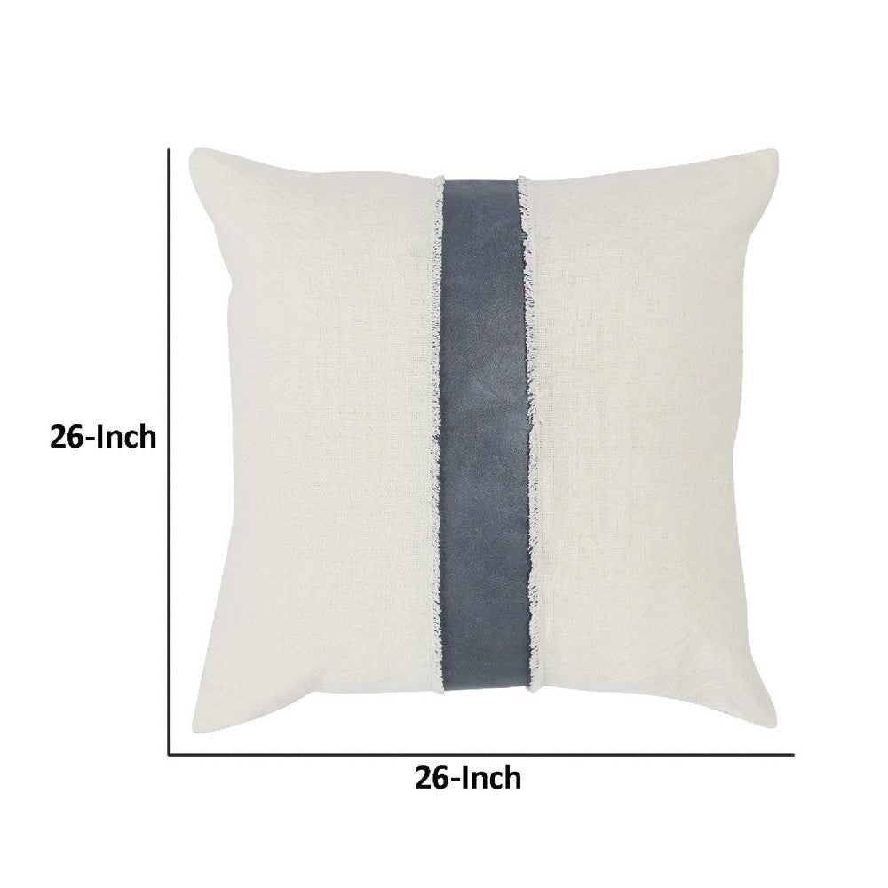 26 x 26 Accent Throw Pillow, Faux Leather Center, Fringed, White, Gray By Casagear Home