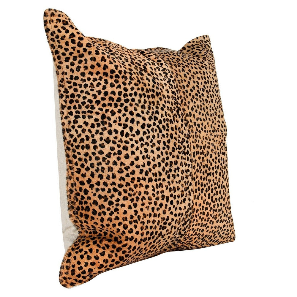 20 x 20 Leather Accent Throw Pillow, Leopard Print Beige Black, Down Insert By Casagear Home