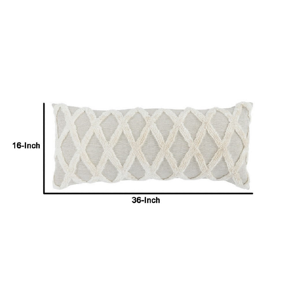 16 x 36 Lumbar Linen Accent Throw Pillow, Tufted Diamonds, Ivory White By Casagear Home