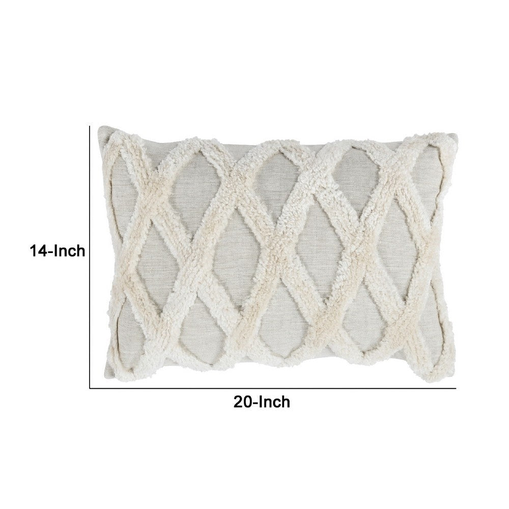 14 x 20 Lumbar Linen Accent Throw Pillow, Tufted Diamond Pattern, Ivory By Casagear Home