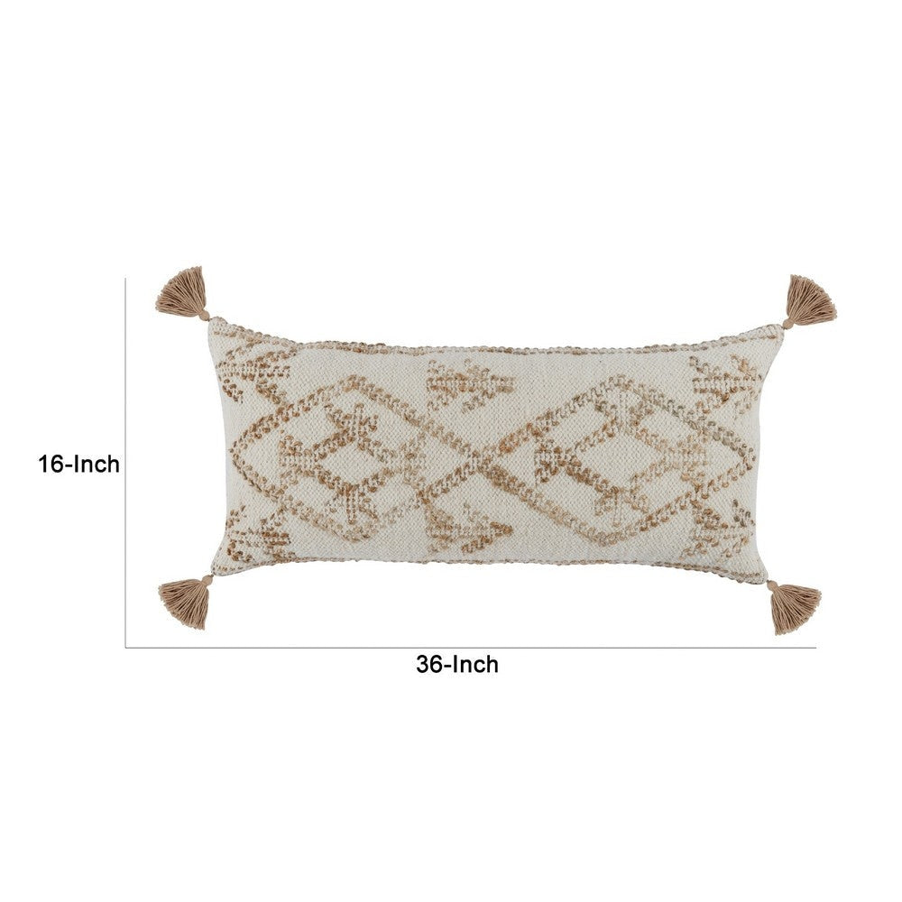 16 x 36 Lumbar Throw Pillow, Diamond Jute Cotton Cover, Tassels, Brown By Casagear Home