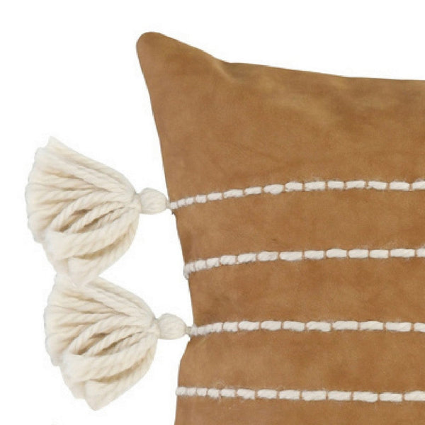 Karen 14 x 26 Lumbar Throw Pillow, Tassels, Light Brown with White Stripes By Casagear Home