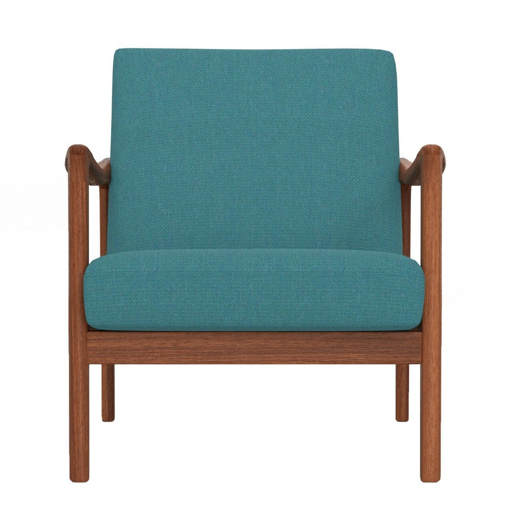 34 Inch Fabric Padded Accent Lounge Chair, Rubberwood, Teal Blue, Brown - BM283840