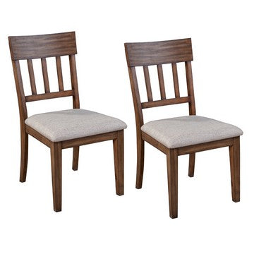 Dan 25 Inch Dining Side Chair, Slatted Back, Gray Cushion, Set of 2, Brown - BM283844