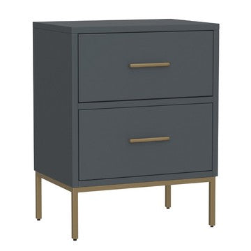 Max 26 Inch 2 Drawer Wood Nightstand, Brass Metal Frame and Handles, Gray - BM283858