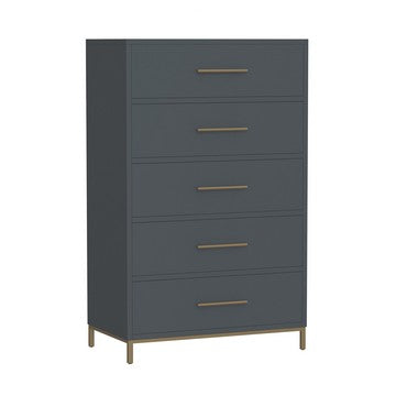 Max 48 Inch 5 Drawer Tall Dresser Chest, Brass Metal Frame, Slate Gray - BM283861