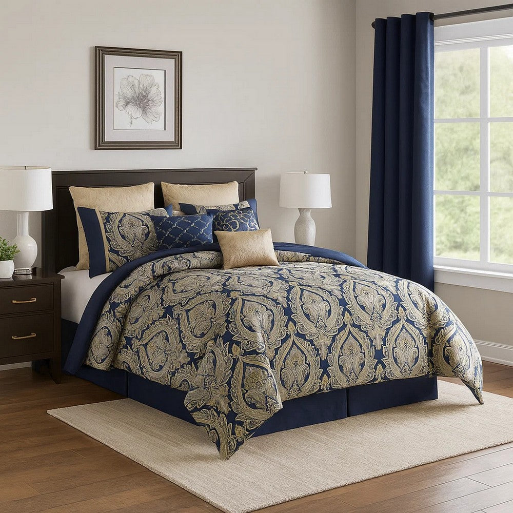 Nova 9 Piece Polyester Queen Comforter Set, Gold Damask Print, Navy Blue - BM283873