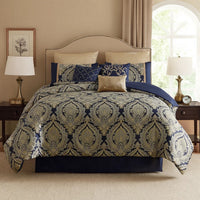 Nova 9 Piece Polyester Queen Comforter Set, Gold Damask Print, Navy Blue - BM283873