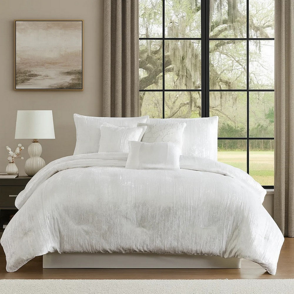 Jay 7 Piece Queen Comforter Set, White Polyester Velvet Deluxe Texture - BM283890