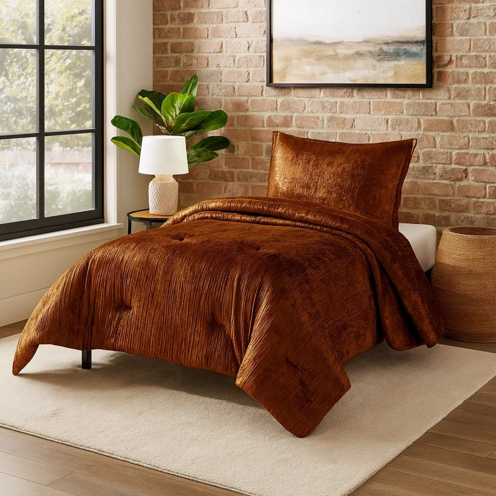 Jay 2 Piece Twin Comforter Set, Copper Polyester Velvet Deluxe Texture - BM283898