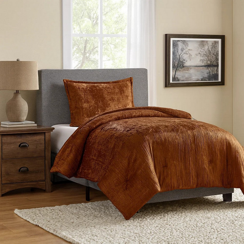 Jay 2 Piece Twin Comforter Set, Copper Polyester Velvet Deluxe Texture - BM283898
