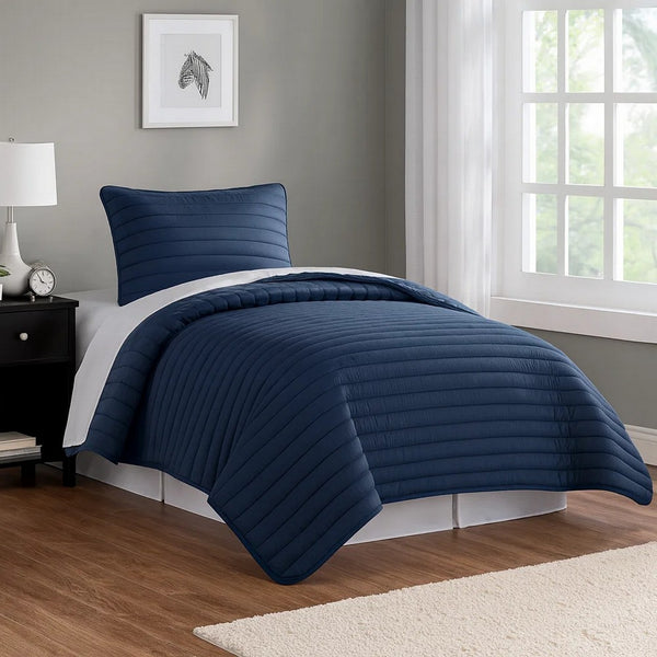 Cabe 2 Piece Twin Comforter Set, Polyester Puffer Channel Quilted Navy Blue - BM283911