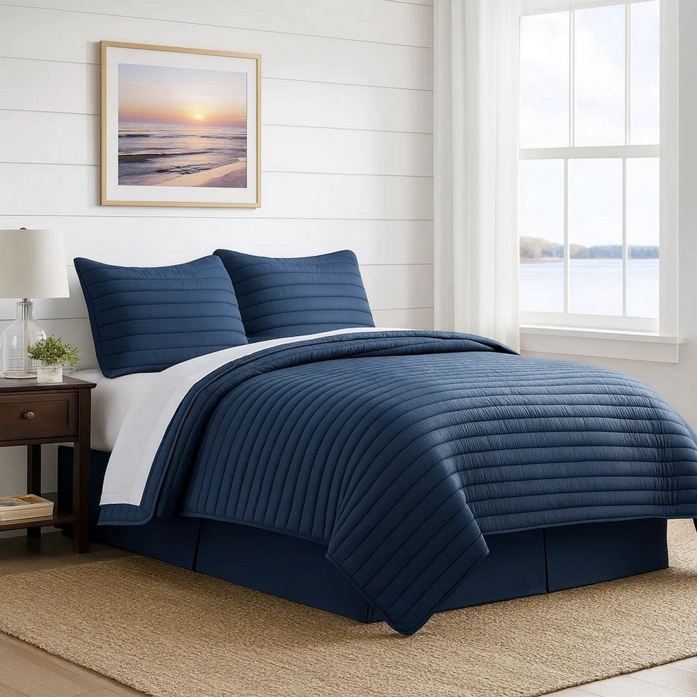 Cabe 3 Piece Queen Comforter Set, Polyester Puffer Channel Quilt, Navy Blue - BM283912