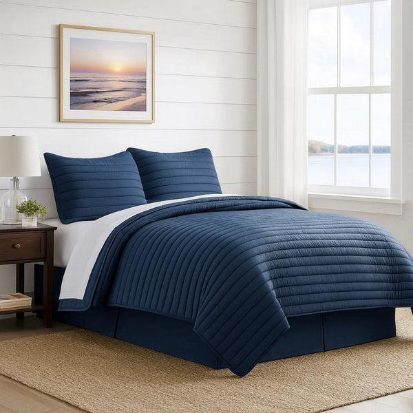 Cabe 3 Piece Queen Comforter Set, Polyester Puffer Channel Quilt, Navy Blue - BM283912