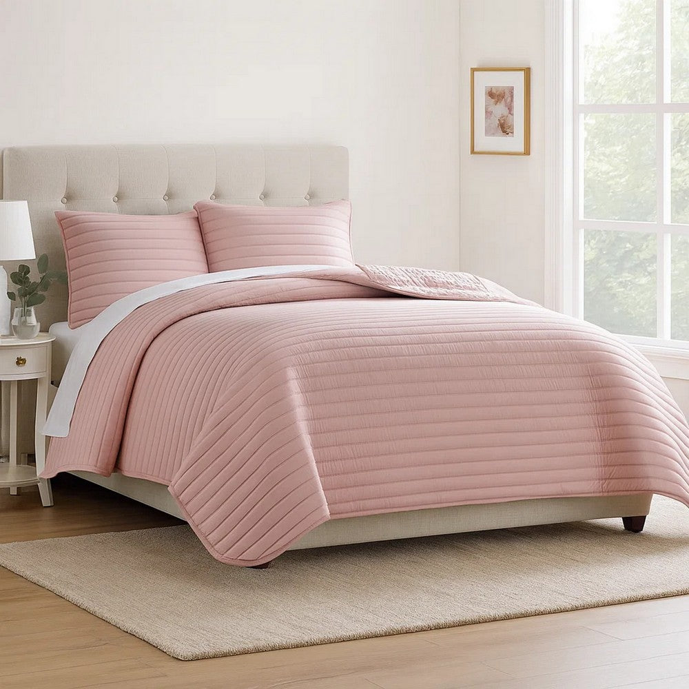 Cabe 3 Piece Queen Comforter Set, Polyester Puffer Channel Quilt, Rose Pink - BM283914