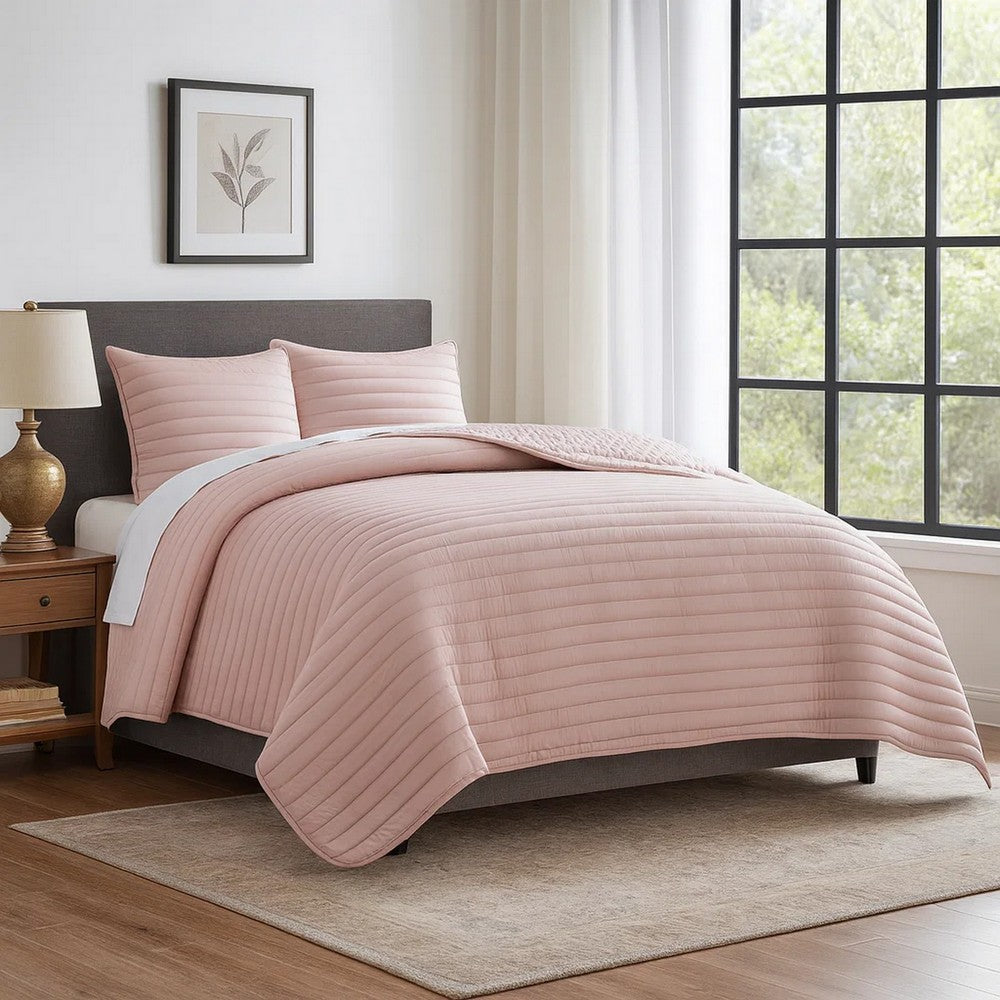 Cabe 3 Piece Queen Comforter Set, Polyester Puffer Channel Quilt, Rose Pink - BM283914