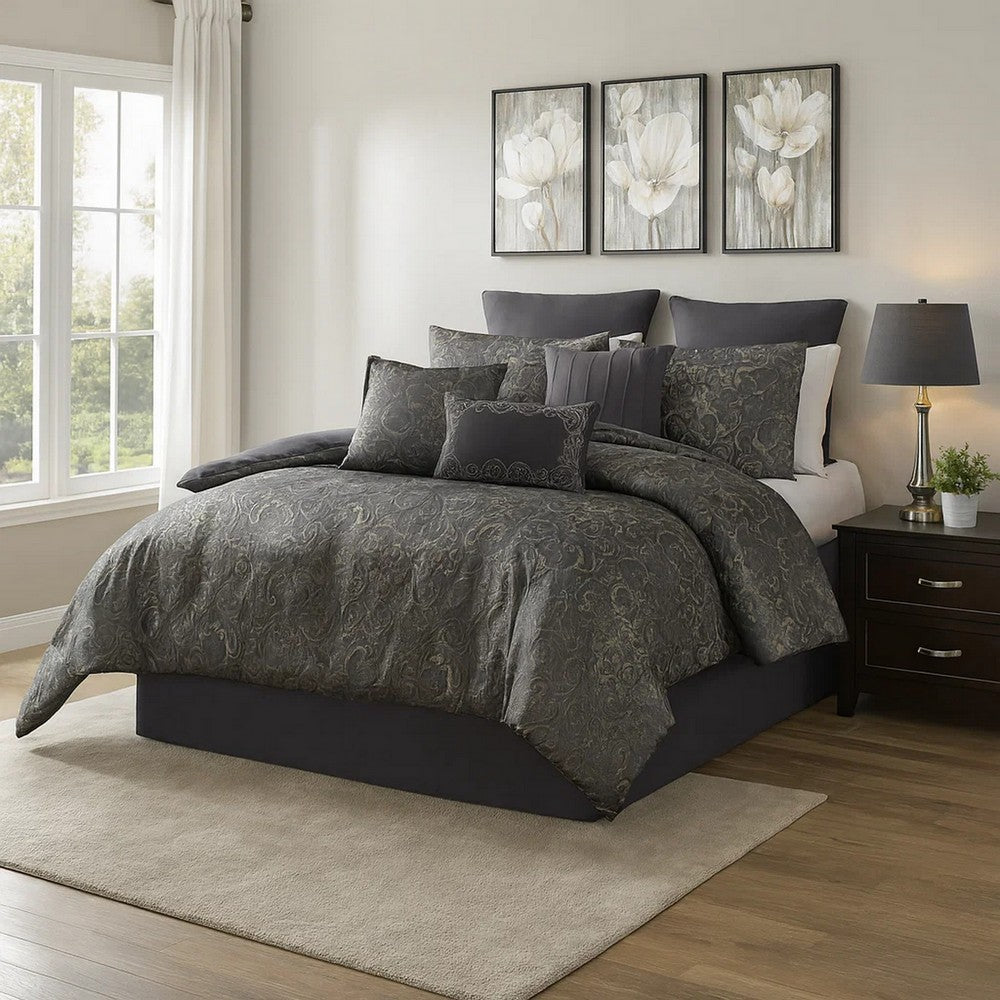 Pixie 9 Piece Polyester Queen Comforter Set, Damask Pattern, Charcoal Gray
