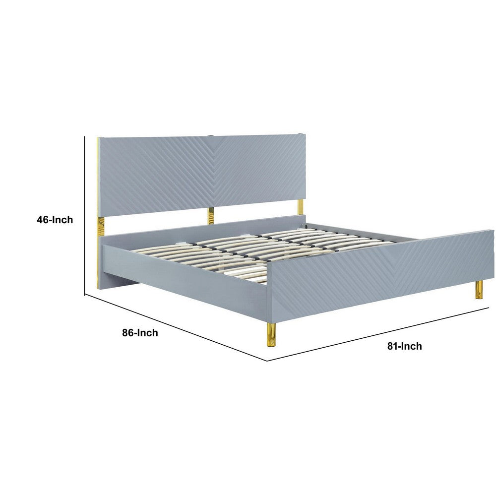 Tyra Modern King Bed, Panel Headboard, Luxury Textured Chevron, Gray, Gold - BM284004