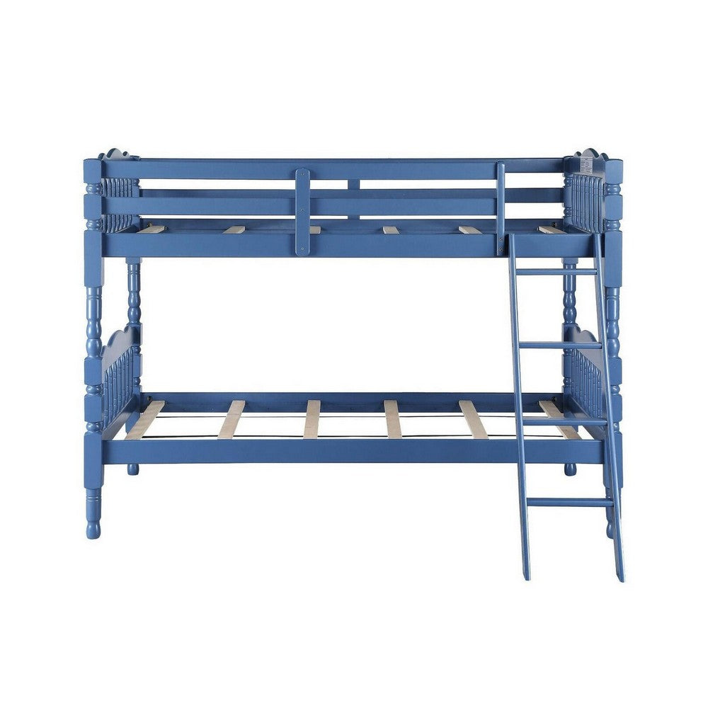 Alice Classic Twin Bunk Bed with Ladder, Guard Rail, Carved Legs, Blue - BM284021