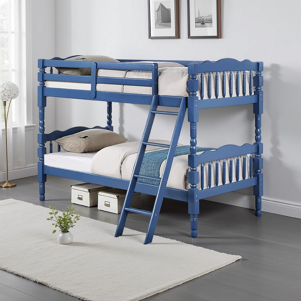 Alice Classic Twin Bunk Bed with Ladder, Guard Rail, Carved Legs, Blue - BM284021