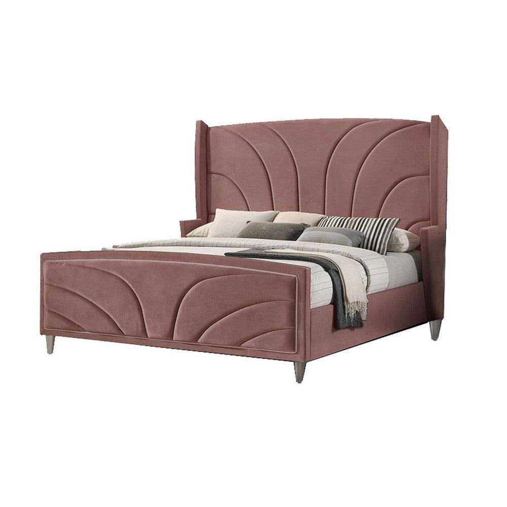 Kerith Modern Wood King Size Bed, Wingback Frame, Pink Velvet, Chrome Legs - BM284025