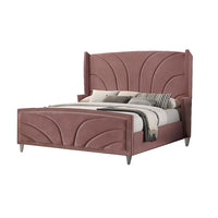 Kerith Modern Wood King Size Bed, Wingback Frame, Pink Velvet, Chrome Legs - BM284025
