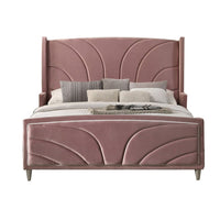 Kerith Modern Wood King Size Bed, Wingback Frame, Pink Velvet, Chrome Legs - BM284025
