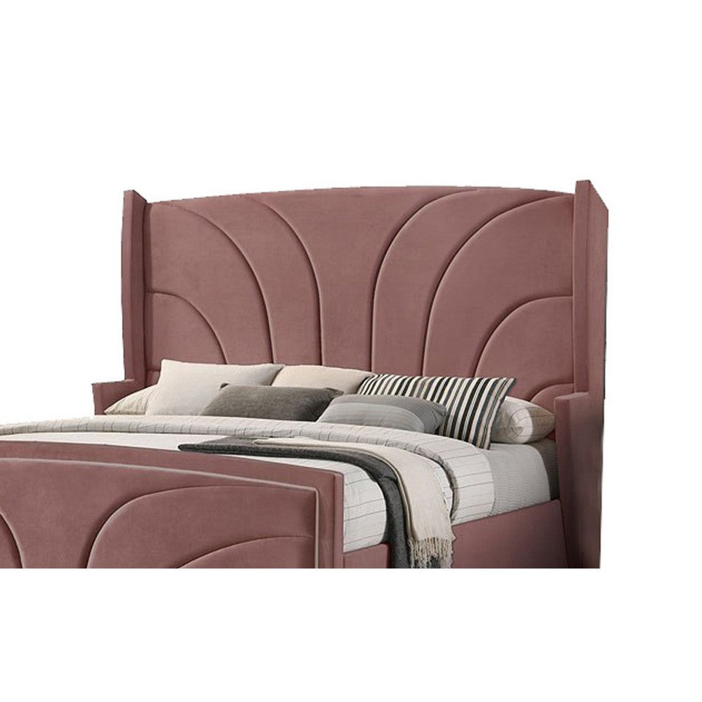 Kerith Modern Wood King Size Bed, Wingback Frame, Pink Velvet, Chrome Legs - BM284025