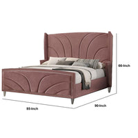 Kerith Modern Wood King Size Bed, Wingback Frame, Pink Velvet, Chrome Legs - BM284025