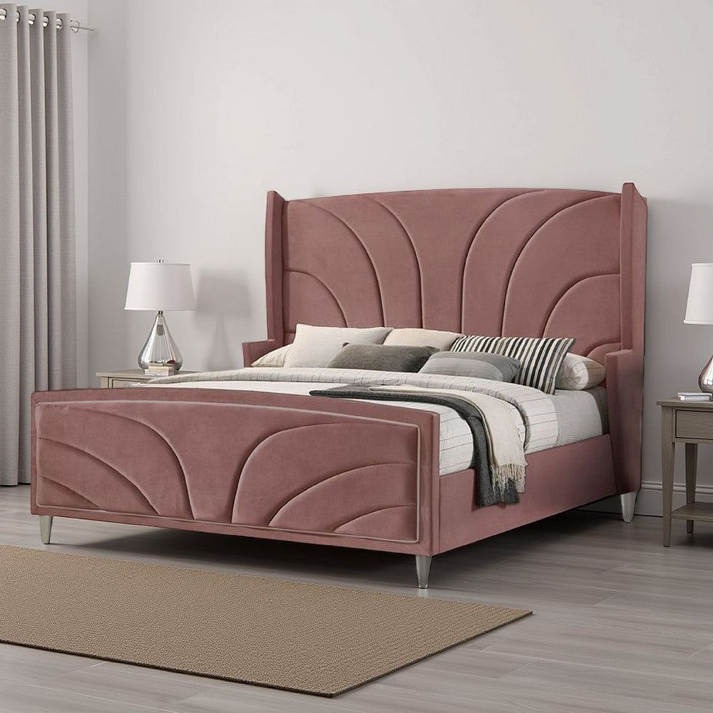 Kerith Modern Wood King Size Bed, Wingback Frame, Pink Velvet, Chrome Legs - BM284025