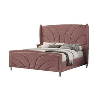 Kerith Modern Wood Queen Size Bed, Wingback Frame, Pink Velvet, Chrome Legs - BM284026