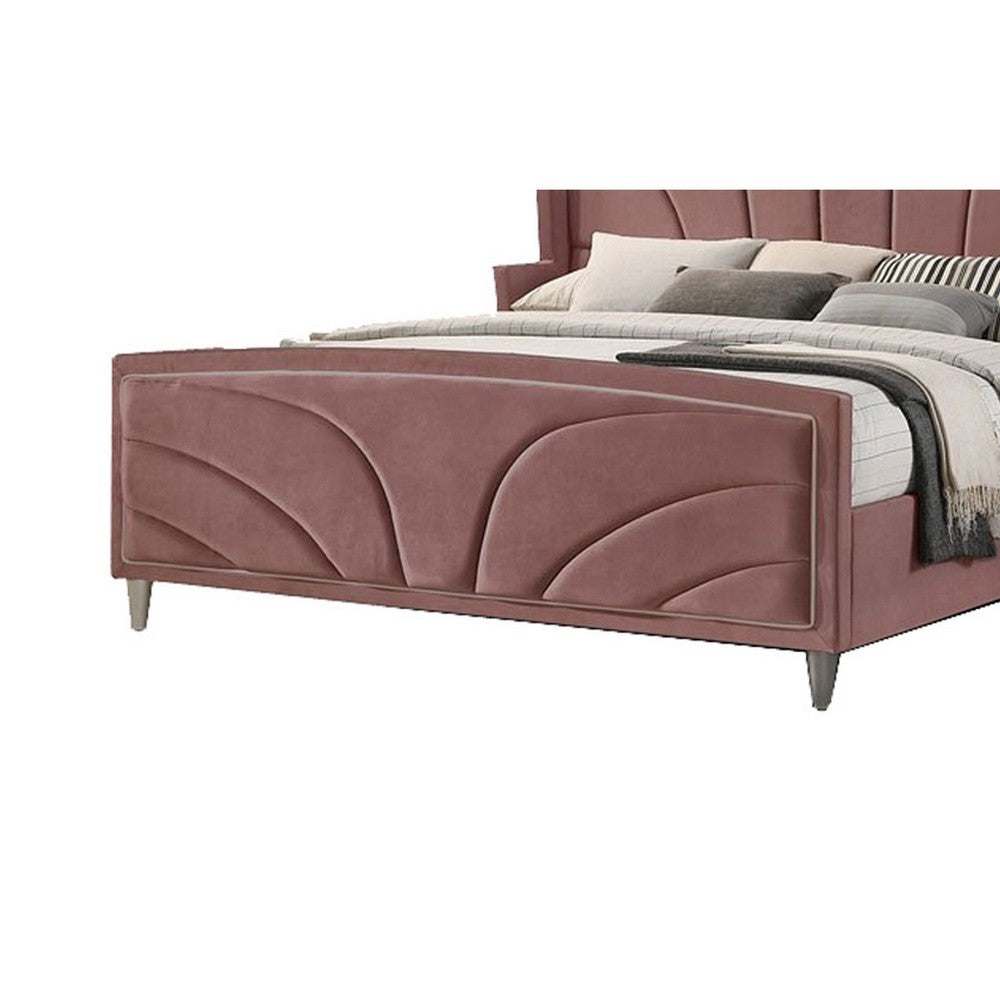 Kerith Modern Wood Queen Size Bed, Wingback Frame, Pink Velvet, Chrome Legs - BM284026