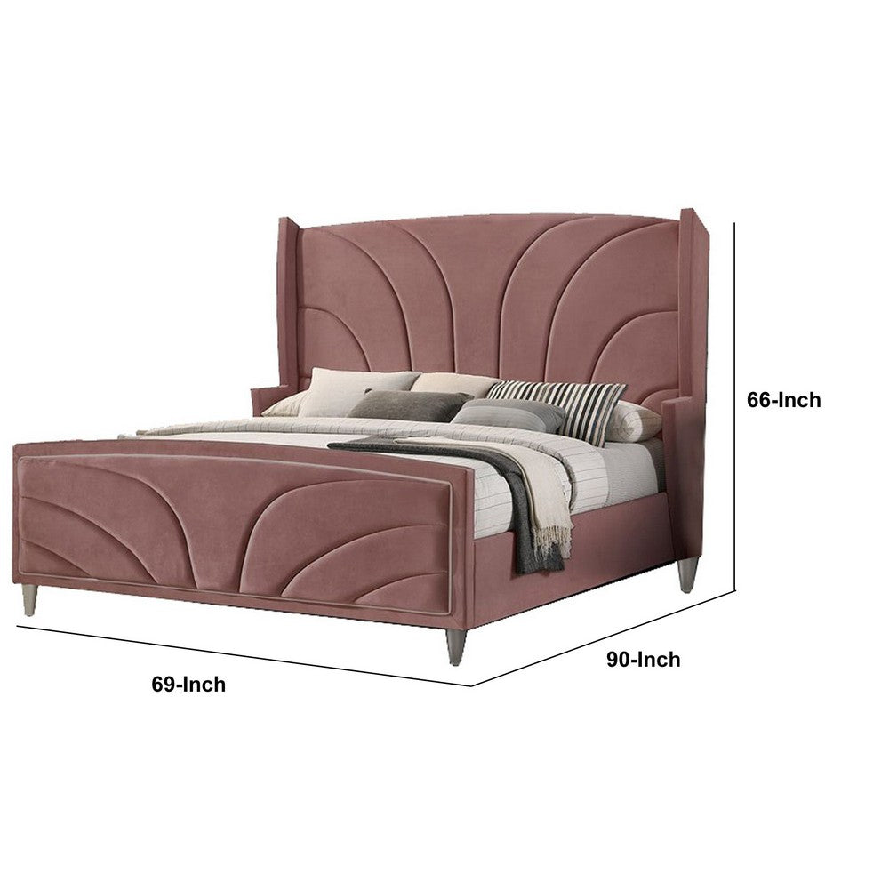 Kerith Modern Wood Queen Size Bed, Wingback Frame, Pink Velvet, Chrome Legs - BM284026