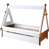 Teo Wood Twin Bed, House Shaped Bed Frame, Slat System, Brown, White - BM284029