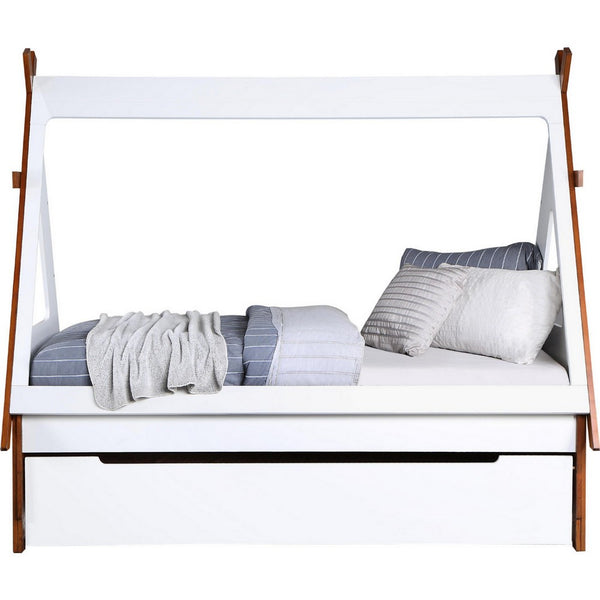 Teo Wood Twin Bed, House Shaped Bed Frame, Slat System, Brown, White - BM284029