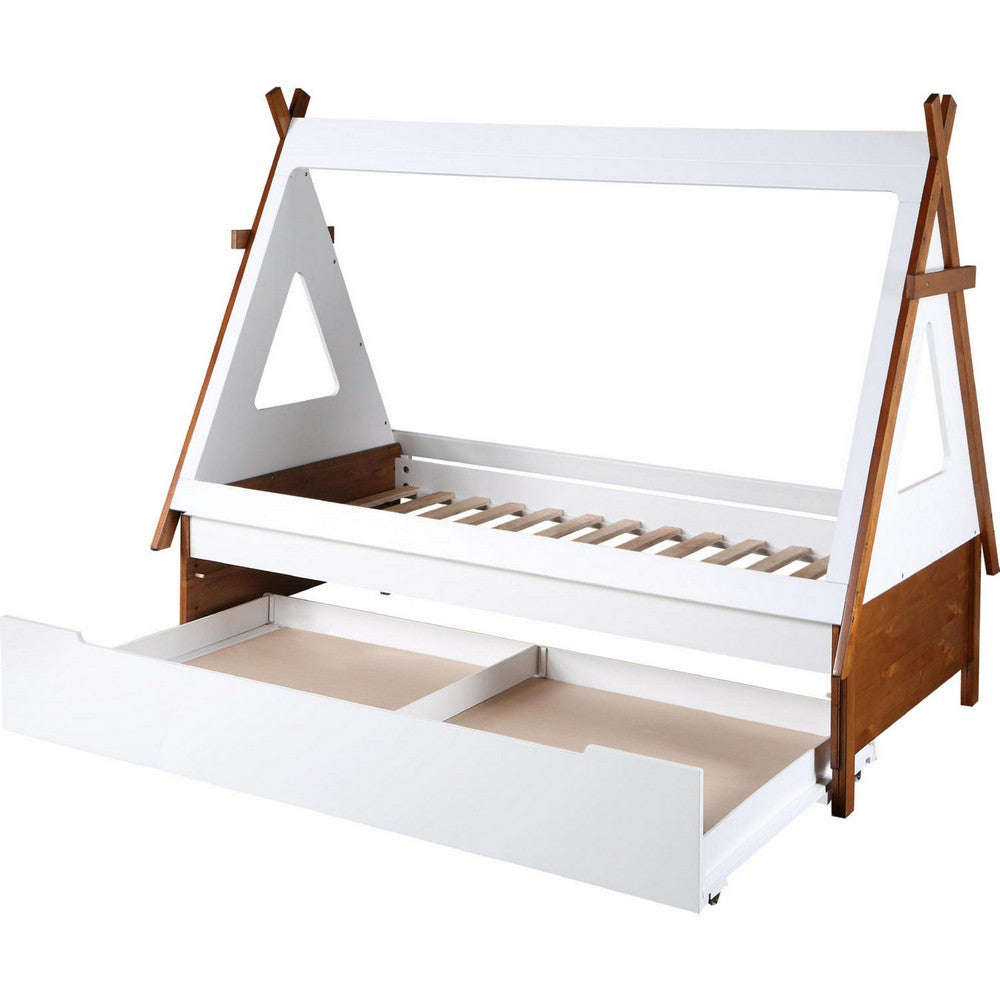 Teo Wood Twin Bed, House Shaped Bed Frame, Slat System, Brown, White - BM284029