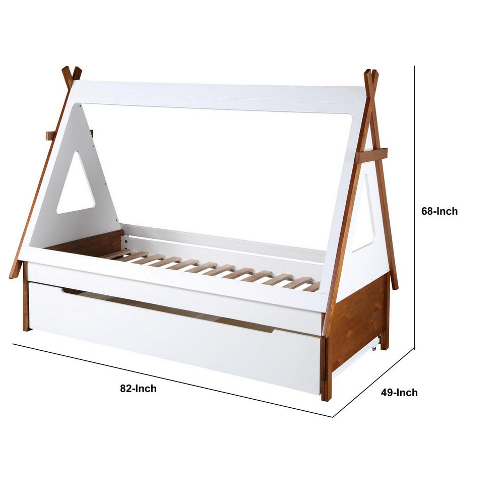 Teo Wood Twin Bed, House Shaped Bed Frame, Slat System, Brown, White - BM284029