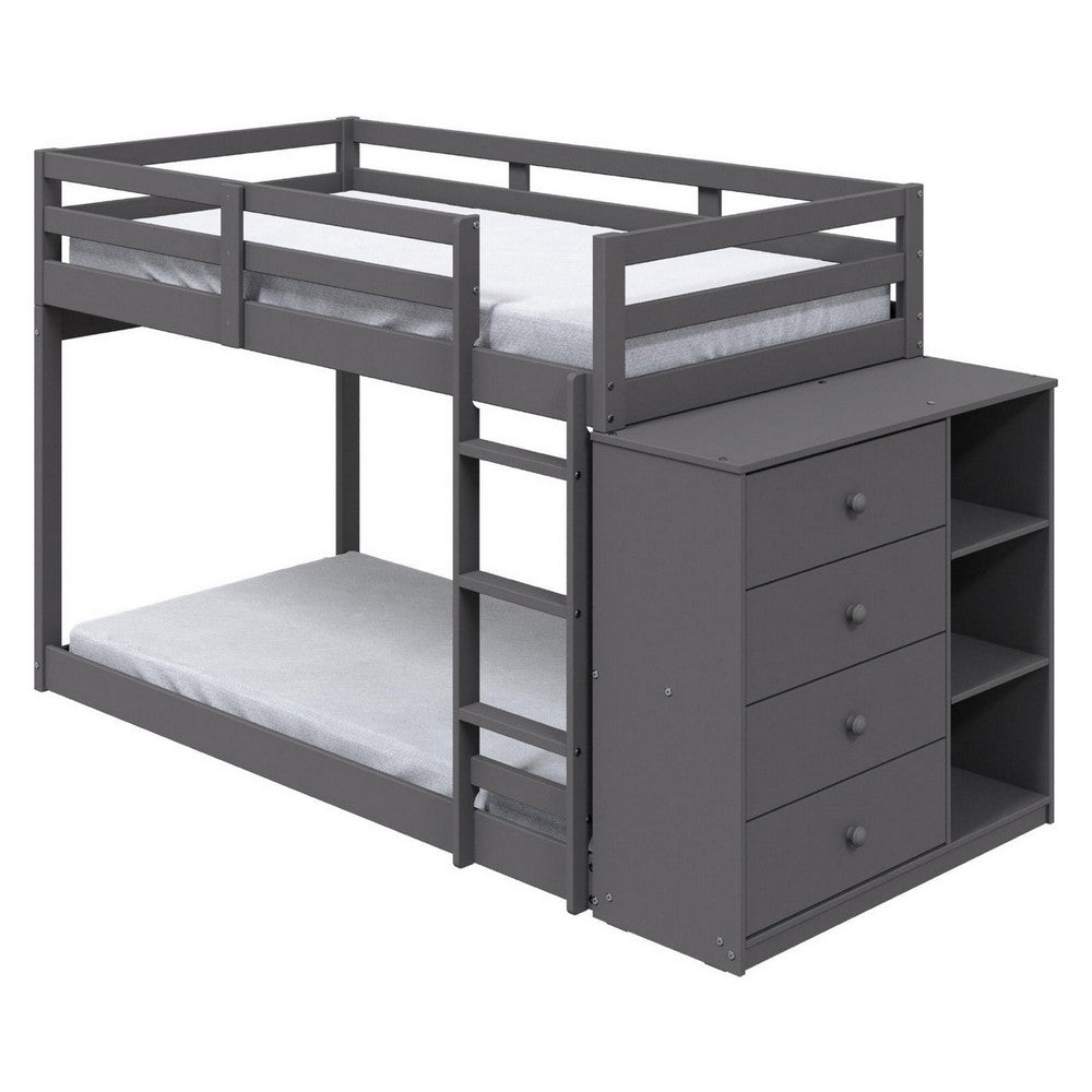 Classic Twin Bunk Bed with Cabinet, 4 Drawers, 3 Compartments, Ladder, Gray - BM284031