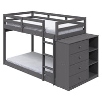 Classic Twin Bunk Bed with Cabinet, 4 Drawers, 3 Compartments, Ladder, Gray - BM284031